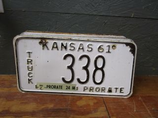 Vintage 1961 Kansas Truck License Plate 338 White Green Prorate Car Tag
