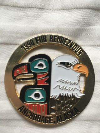 1990 Alaska Fur Rendezvous Rondy Enamel Metal Eagle Totem Vintage Pin 2”