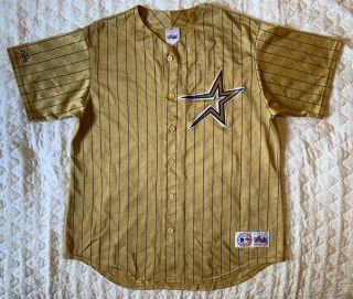 Vintage Houston Astros Majestic Gold Pinstriped Mlb Jersey Size Xl Made In Usa