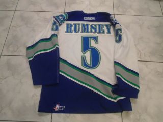 WHL SWIFT CURRENT BRONCOS GAME WORN WHITE JERSEY 5 RUMSEY PHOTO REF 2