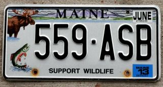 2013 Maine " Support Wildlife " License Plate With Moose,  Jumping Fish & Mountains