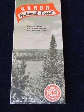 Vintage 1968 Huron National Forest Travel Brochure & Map Michigan Q547