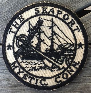 Vintage The Seaport Mystic Connecticut 3” Souvenir Round Patch Black Embroidery
