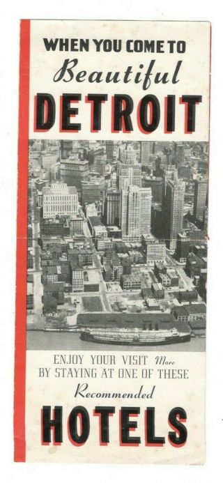 Detroit Michigan Recommended Hotels Prices Vintage Travel Brochure Mx4