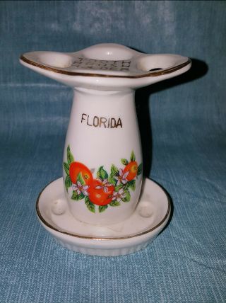 Vintage Florida Souvenir Ceramic Porcelain Toothbrush Holder Oranges & Blossoms