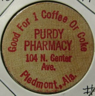 Vintage Purdy Pharmacy Piedmont,  Al Wooden Nickel - Token Alabama 1