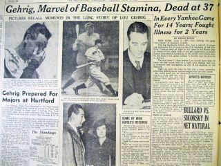 2 1941 Display Newspapers With Death Of Lou Gehrig From Als - York Yankee Star