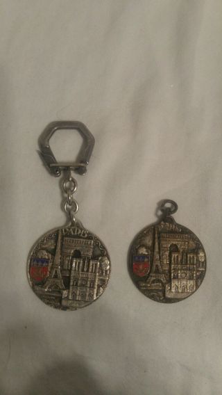 2 Vintage Paris Medallion Key Chain Representing The " Eiffel Tower " And More