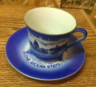Vintage Cobalt Blue Cup & Saucer State House Providence Rhode Island Ocean State