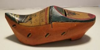 Vintage Belgian Carved Wooden Painted Clog Shoe Bank 5 "