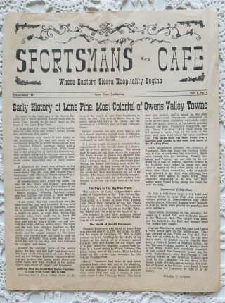 Vintage Menu Sportsman Cafe Lone Pine California Inyo County Dorothy Cragen