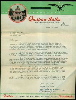 1957 Hot Springs National Park,  Ar - Quapaw Baths Advertising Letter/brochure