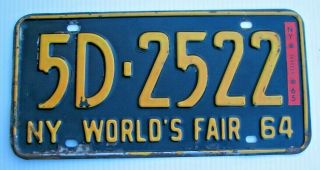 1964 1965 York Passenger License Plate " 5d 2522 " Ny 64 65 World 