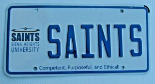 Siena Heights University Vanity License Plate " Saints " Orleans Louisiana