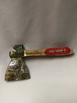Vintage Souvenir Atlantic City Wooden Hatchet With Mop & Abalone And Thermometer