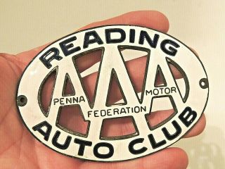 Vintage Reading Auto Club Aaa Porcelain License Plate Topper Pa.