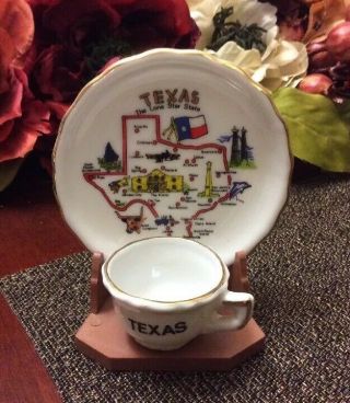 Vintage Souvenir Tiny Texas Cup And Saucer On A Stand 1983 Wrote On Bottom