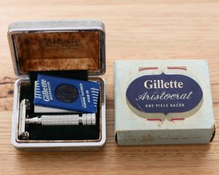Vintage 1950s Gillette No 66 Aristocrat Safety Razor Set Rhodium With Shipper