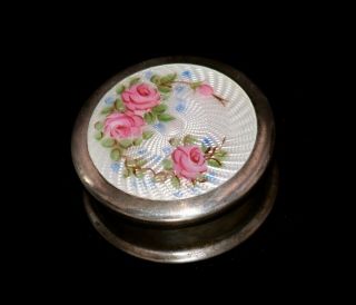 Stunning Antique Sterling & Enamel Guilloche Hand Painted Roses Pill/patch Box