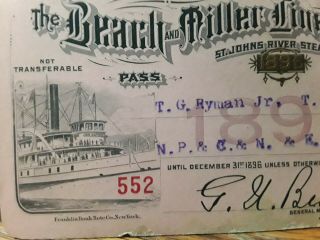 1896 Beach & Miller Line St.  Johns River Steamers Pass (possible print error?) 2