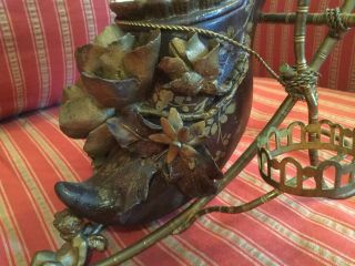 Antique Victorian Brass Perfume Bottle Holder With Pottery Shoe,  Cherub,  Roses,  Bow