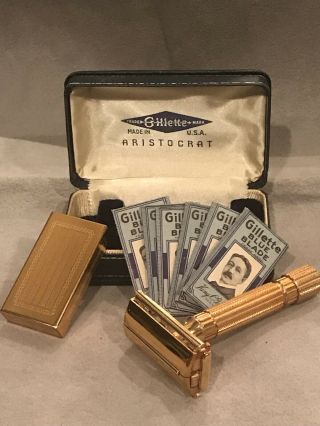 Vintage Gillette Aristocrat Razor Shaver Gold W/ Blades,  Holder & Box