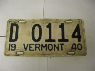 1940 40 Vermont Vt License Plate D0114 Dealer Car Dlr