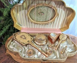 Vintage Pyramid 10 Piece Vanity/dresser Set With Pink Rhinestones