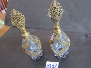 Pair Ormolu Brass Filigree Perfume Bottles