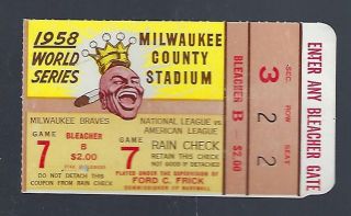 1958 World Series York Yankees @ Milwaukee Braves Baseball Ticket Stub Gm 7