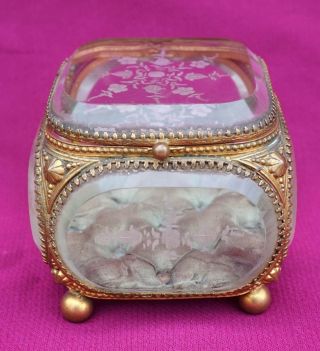 French Jewel Trinket Box Engraved Beveled Glass Gilt Brass 1870