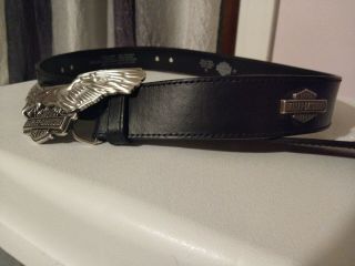 Harley Davidson Eagle Belt Buckle On Black Leather Belt With Metal Logos Size 42