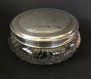 Elegant Sterling Silver Topped Cut Glass Powder Jar Box Vg 5.  25” Diam
