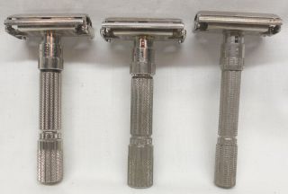 Three Gillette Adjustable Safety Razors.  They Are As Follows: G - 2,  D - 4 And L - 3