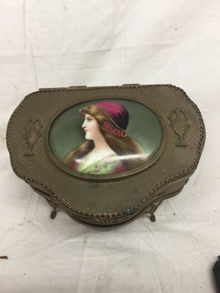 Antique French Gilt Brass Dresser Box Ladies Enamel Portrait Interior Is Rough