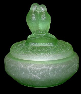 Lovebirds Green Satin Depression Glass Powder Jar