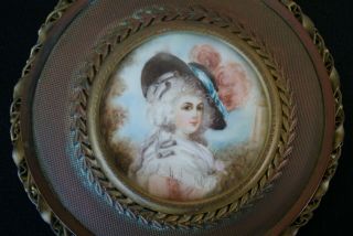 19th c French Gilt Bronze Lady ' s Vanity Hand Mirror Handpainted Porcelain Insert 2