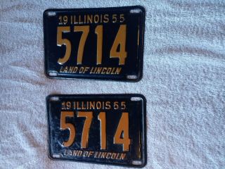 Pair 2 Vintage Matching Illinois 1955 Shorty License Plates Ford Chevy Dodge Car