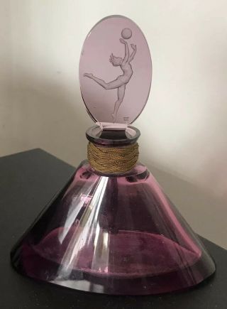 Art Deco Czech Amethyst Glass Scent Bottle With Intaglio Stopper