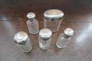 Antique Set 5 Silver Topped Perfume Bottles John Collard Vickery London Hm 1906