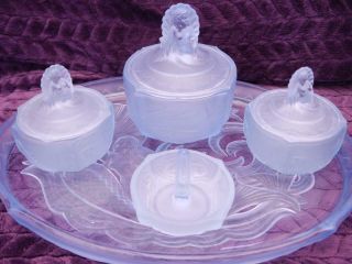 Art Deco Frosted Glass Dressing Table Set Mermaids,  Shells & Fish,  Like Lalique