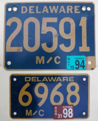 2 Different Delaware Motorcycle License Plates 4 - 1 - Bid Older Demco Lg,  Sm Style