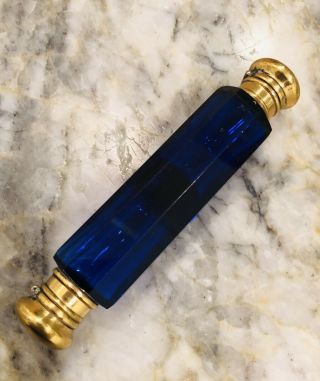 19thc French Deep Blue Cut Crystal Double Headed Perfume Bottle