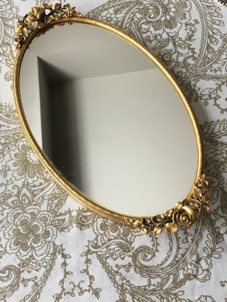 Vintage Matson Gold Gilt Vanity Dresser Oval Mirror Roses Ormolu Perfume Tray