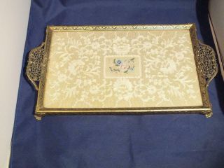 Vintage Brass Footed Dresser Vanity Tray With Fine Lace And Flowered Center