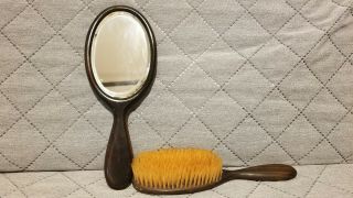 Antique / Vintage Real Ebony Wood Hand Mirror And Brush With Sterling Silver