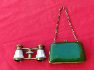 Antique Mother Of Pearl Binocular Opera Glasses In Leather Purse Case