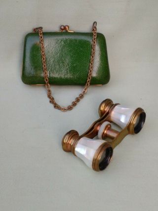 ANTIQUE MOTHER OF PEARL BINOCULAR OPERA GLASSES IN LEATHER PURSE CASE 2