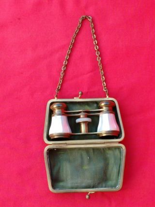 ANTIQUE MOTHER OF PEARL BINOCULAR OPERA GLASSES IN LEATHER PURSE CASE 3