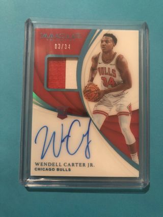 2018 - 19 Immaculate Jersey Number Rookie Rc Patch Auto Rpa Wendell Carter Jr 3/34